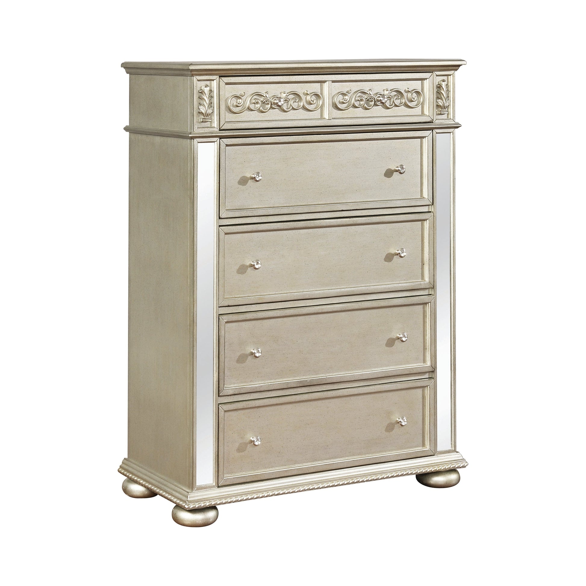 Heidi 5-Drawer Chest Metallic Platinum Collection: Add Valuable Storage Space To A Glam Bedroom, Gives A Luxurious Look, Two Small Drawers Offer Space To Organize Delicate Items, Other Drawers Plenty Of Storage For Clothing Or Bedding: Heidi SKU: 222735 coastmega