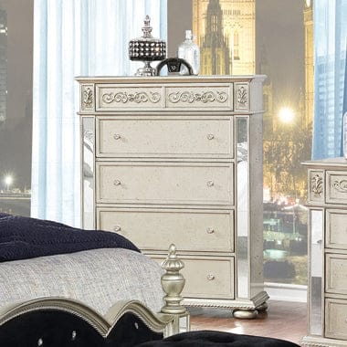 Heidi 5-Drawer Chest Metallic Platinum Collection: Add Valuable Storage Space To A Glam Bedroom, Gives A Luxurious Look, Two Small Drawers Offer Space To Organize Delicate Items, Other Drawers Plenty Of Storage For Clothing Or Bedding: Heidi SKU: 222735 coastmega