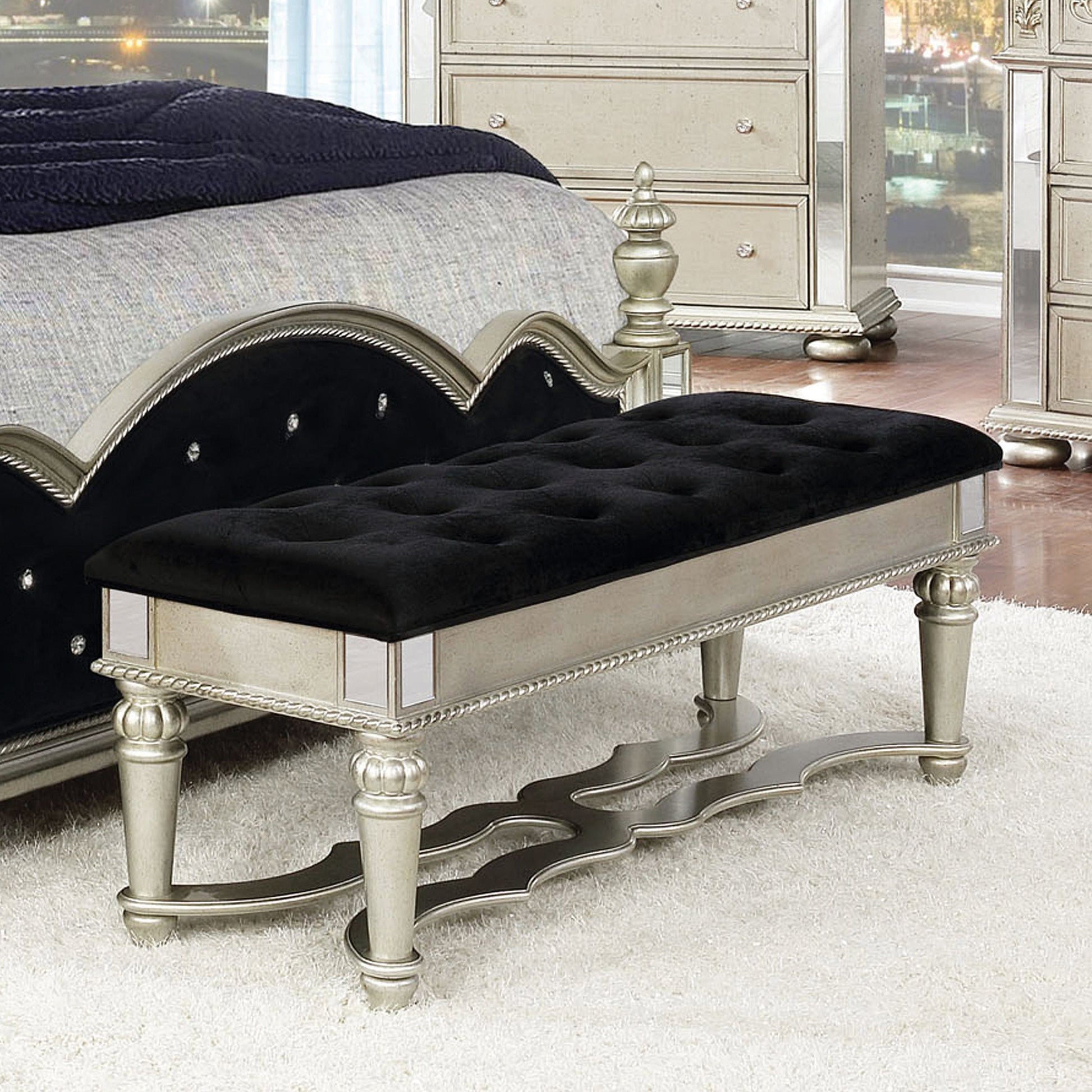 Heidi Upholstered Bench Metallic Platinum Collection: Heidi, Gives The Final Touch Of Luxury In That Glamorous Bedroom, This Bench Is Comfortable And Stylish, Works Well As A Dressing Bench Or A Dining Bench In Your Living Room SKU: 222736 coastmega