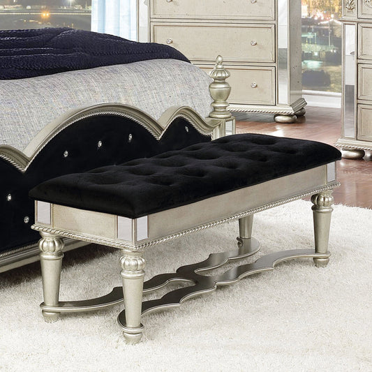 Heidi Upholstered Bench Metallic Platinum Collection: Heidi, Gives The Final Touch Of Luxury In That Glamorous Bedroom, This Bench Is Comfortable And Stylish, Works Well As A Dressing Bench Or A Dining Bench In Your Living Room SKU: 222736 coastmega