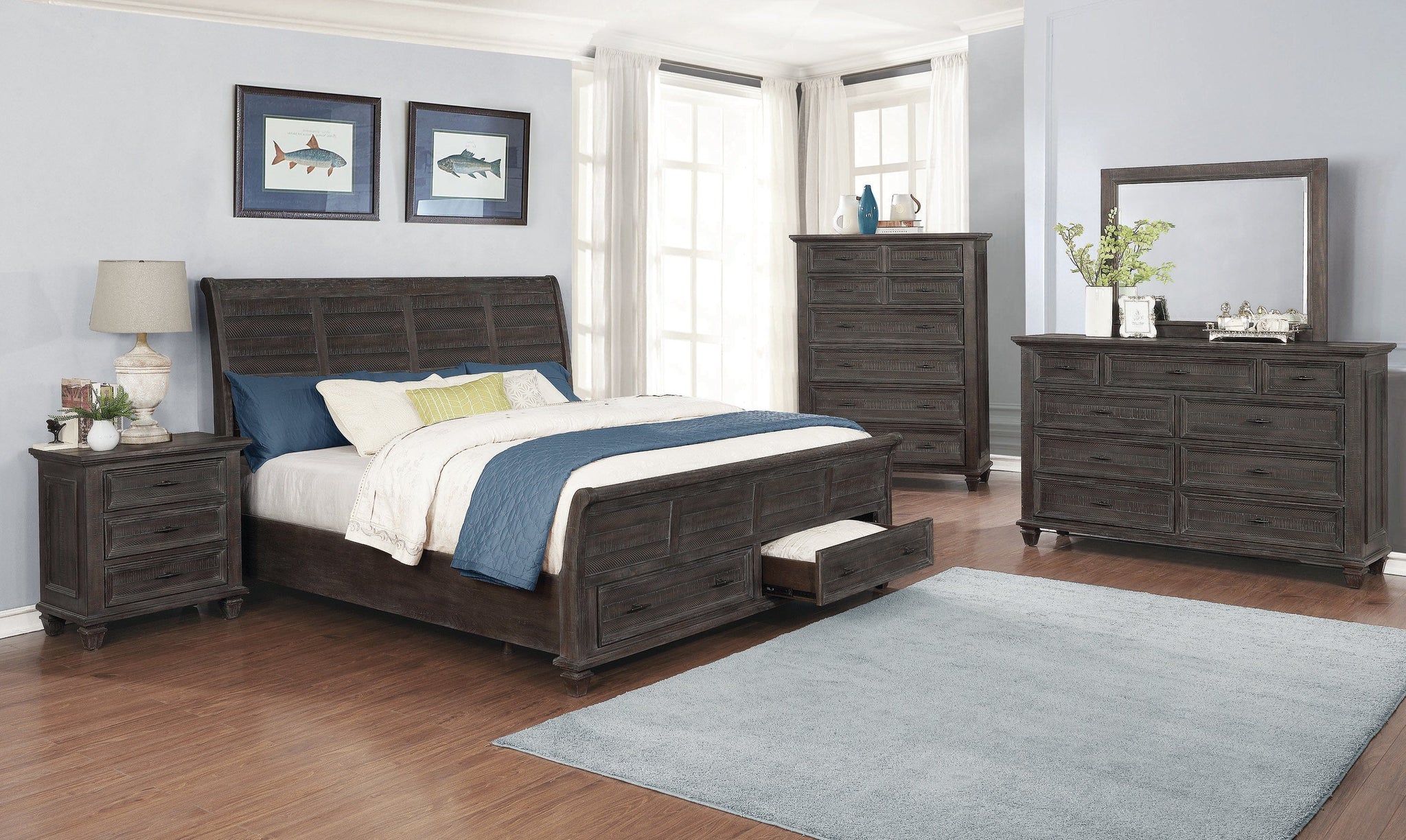 Atascadero Eastern King 2-Drawer Storage Bed Weathered Carbon Collection: Transitional Style Bed Captures The Attention In Your Room, Storage Drawers Add Functionality. A Bed To Relax On. SKU: 222880KE