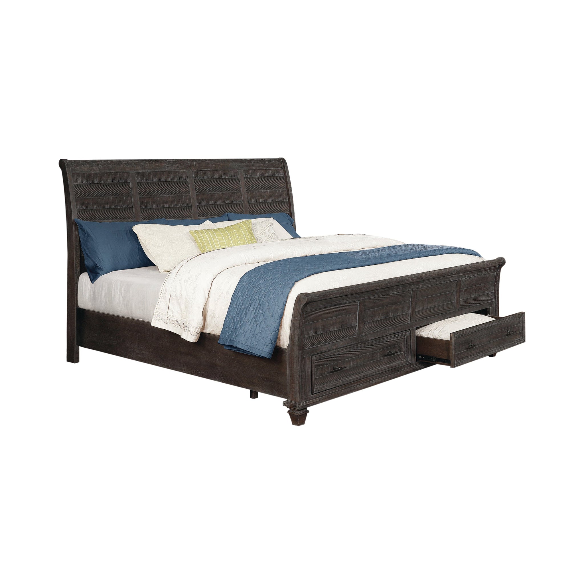 Atascadero Eastern King 2-Drawer Storage Bed Weathered Carbon Collection: Transitional Style Bed Captures The Attention In Your Room, Storage Drawers Add Functionality. A Bed To Relax On. SKU: 222880KE