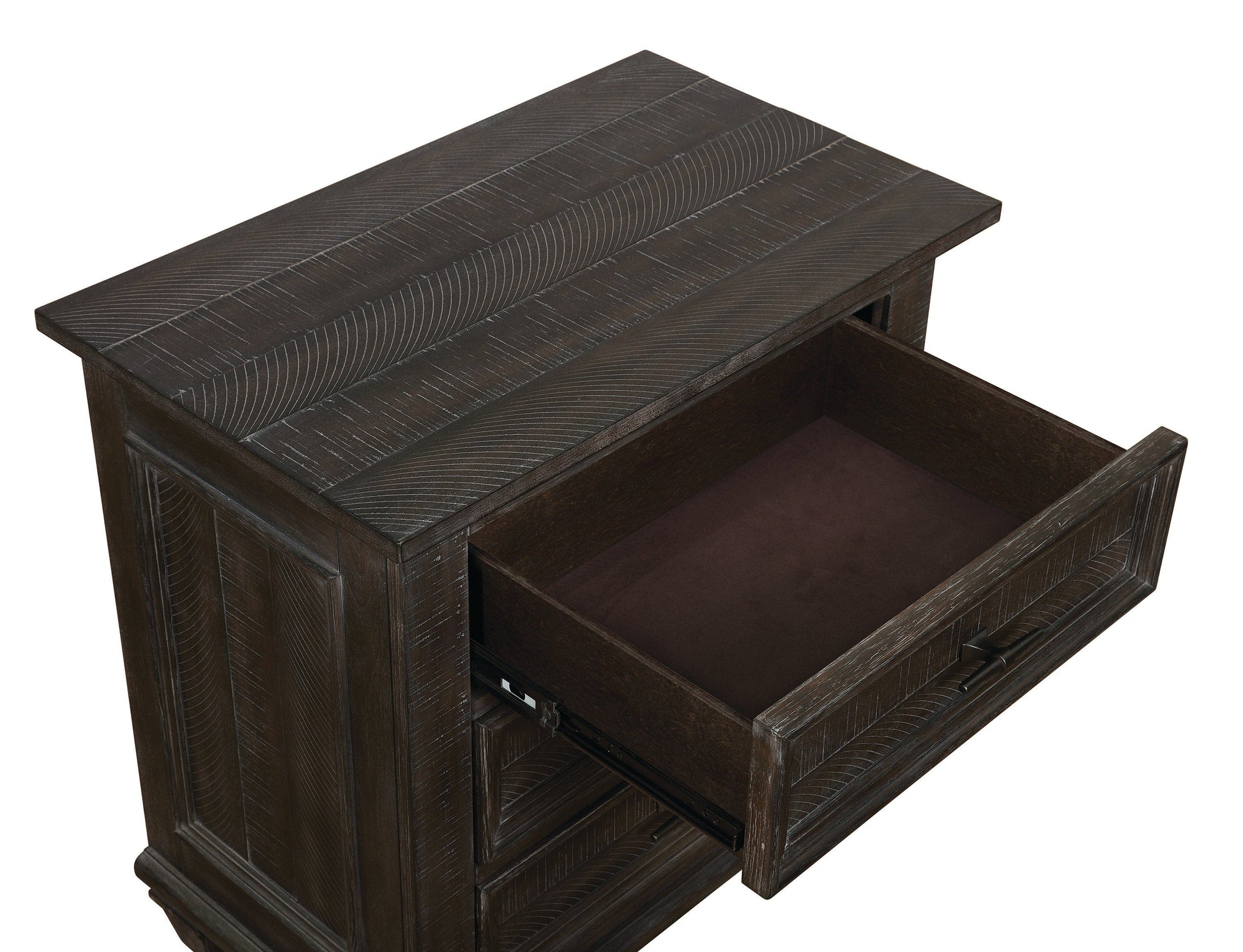 Atascadero 3-Drawer Nightstand Weathered Carbon Collection: Rough Sawn Effect Brings A Hint Of The Rustic To This Nightstand. Connect Your Devices With The Built In USB Charging Ports. Drawers Float Open And Closed Along 45MM Metal Glides. SKU: 222882 coastmega