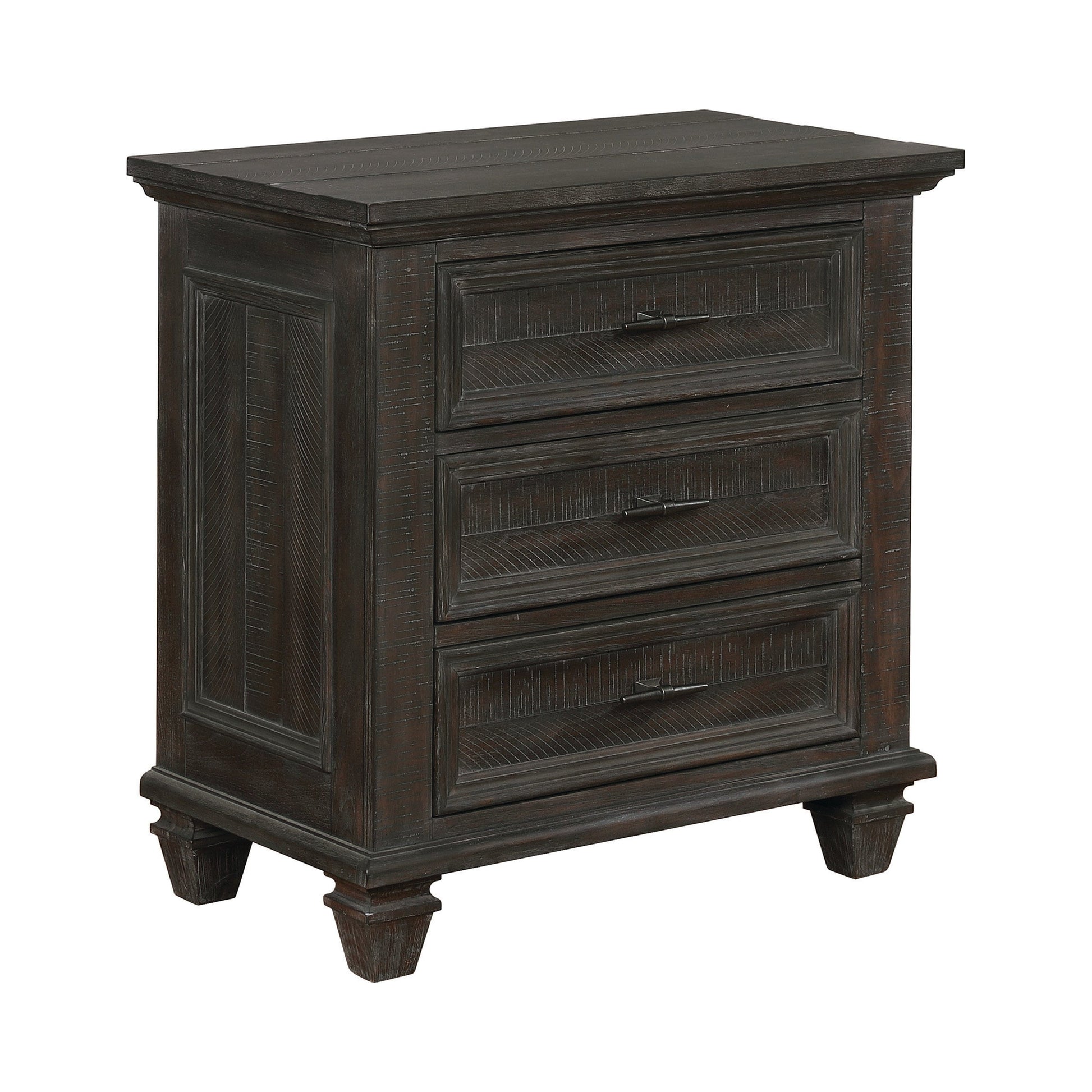 Atascadero 3-Drawer Nightstand Weathered Carbon Collection: Rough Sawn Effect Brings A Hint Of The Rustic To This Nightstand. Connect Your Devices With The Built In USB Charging Ports. Drawers Float Open And Closed Along 45MM Metal Glides. SKU: 222882 coastmega