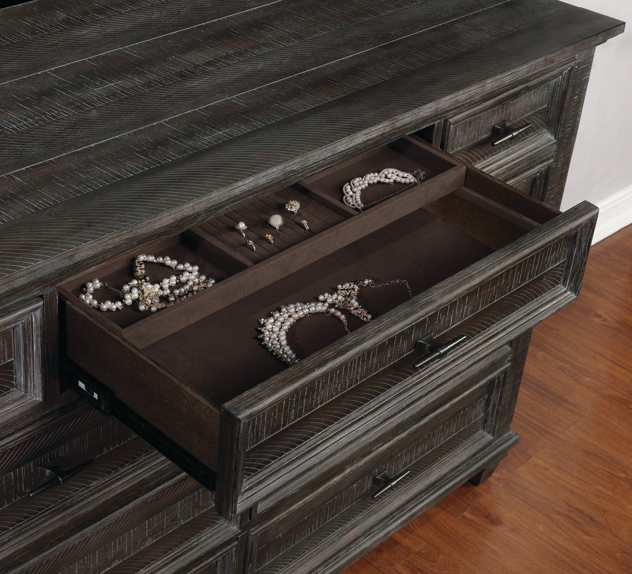 Atascadero 9-Drawer Dresser Weathered Carbon Collection: Cultivate Your Own Unique Bedroom Layout With This Dresser, Exquisite Vineyard Inspired Design Comes To Life In Weathered Carbon Finish. SKU: 222883