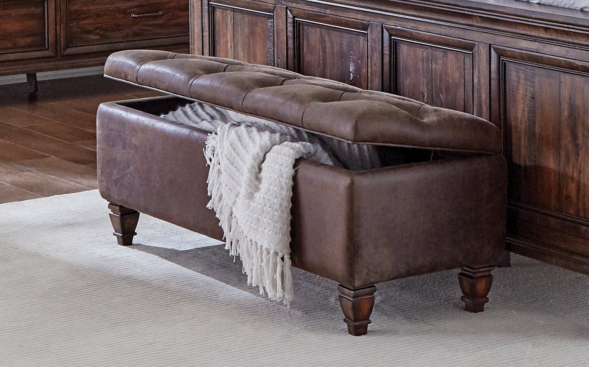 Avenue Upholstered Tufted Bench Weathered Burnished Brown SKU: 223036 coastmega