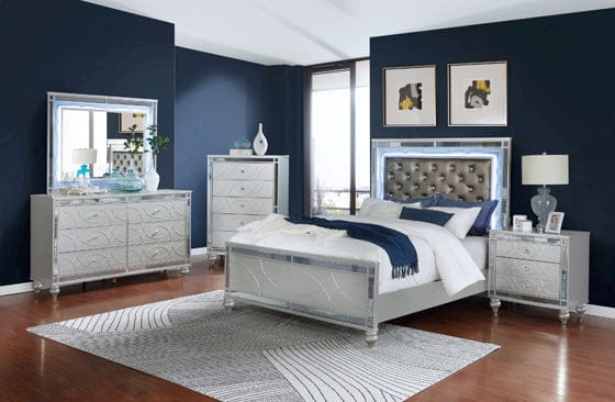 Gunnison Eastern King Panel Bed With LED Lighting Silver Metallic, This Glamorous Contemporary Bed Features A Variety Of Features That Make It A Must Have In Any Modern Home. Solid Block Legs On The Headboard. SKU: 223211KE
