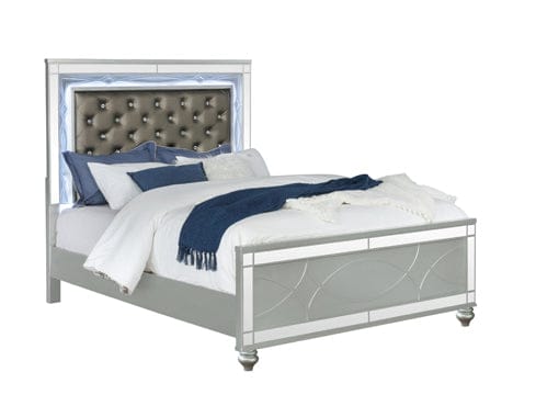 Gunnison Eastern King Panel Bed With LED Lighting Silver Metallic, This Glamorous Contemporary Bed Features A Variety Of Features That Make It A Must Have In Any Modern Home. Solid Block Legs On The Headboard. SKU: 223211KE
