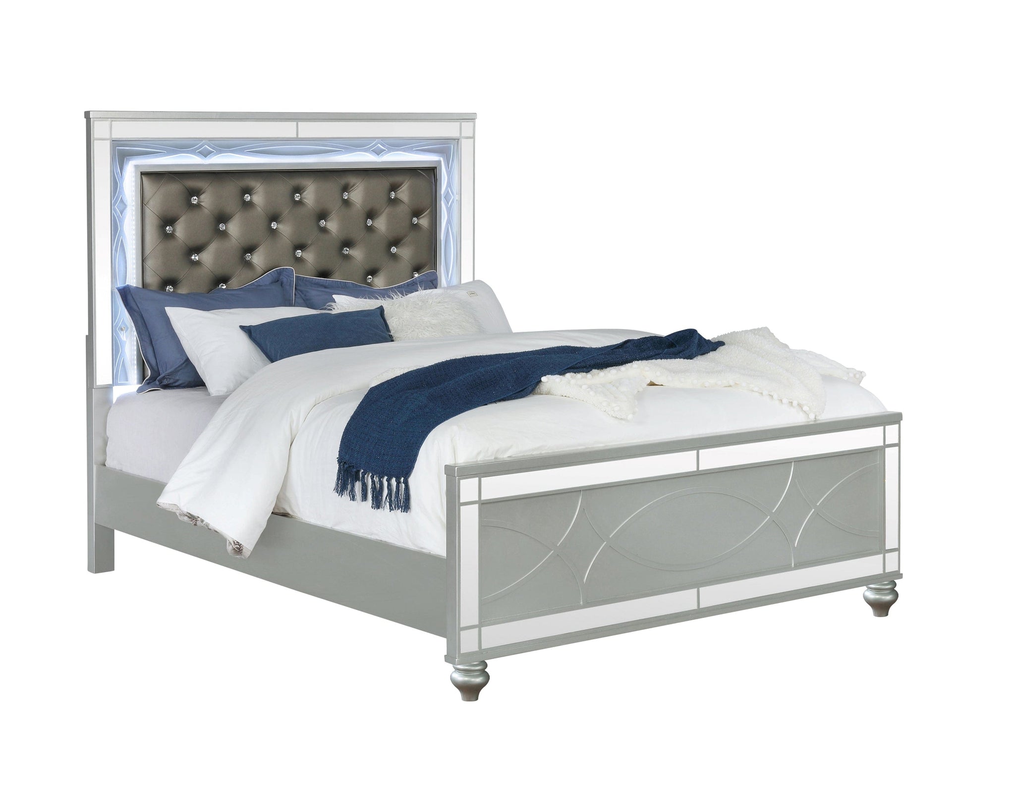 Gunnison Queen Panel Bed With LED Lighting Silver Metallic, This Glamorous Contemporary Bed Features A Variety Of Features That Make It A Must Have In Any Modern Home. SKU: 223211Q