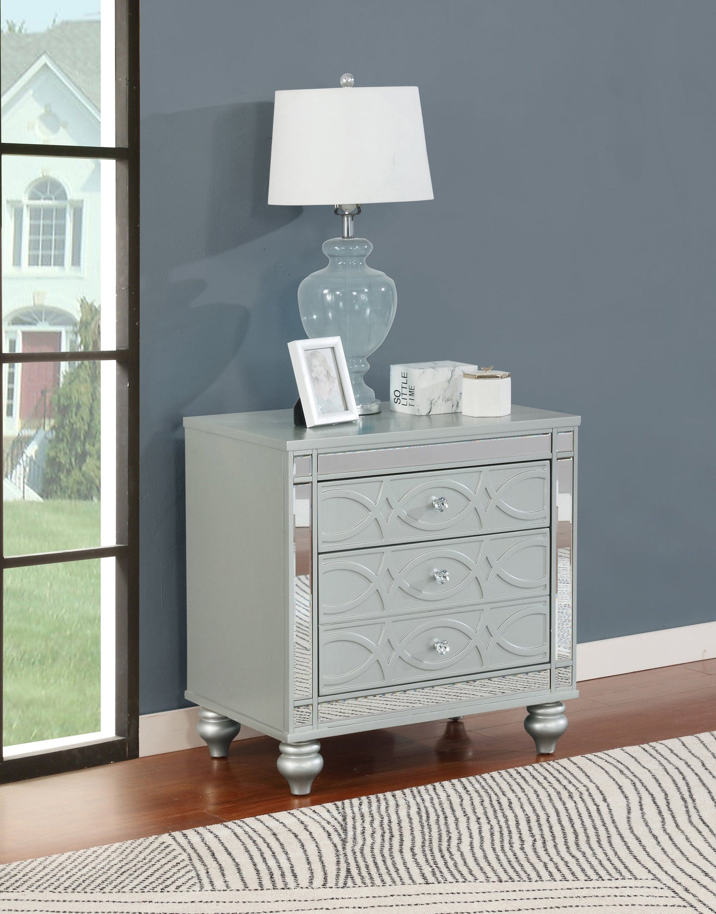 Gunnison 2-Drawer Nightstand Silver Metallic, Bring Modern Glam To A Classic Design With This Transitional Two-Drawer Nightstand, Dual USB Ports And Delicate Bun Feet Complete The Design Of This Exquisite Accent Piece. .  SKU: 223212 coastmega