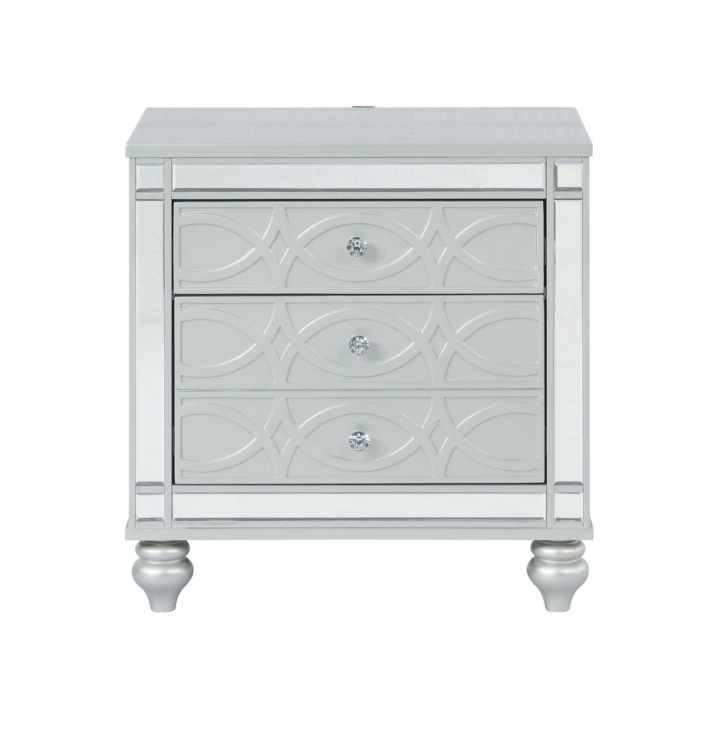 Gunnison 2-Drawer Nightstand Silver Metallic, Bring Modern Glam To A Classic Design With This Transitional Two-Drawer Nightstand, Dual USB Ports And Delicate Bun Feet Complete The Design Of This Exquisite Accent Piece. .  SKU: 223212 coastmega