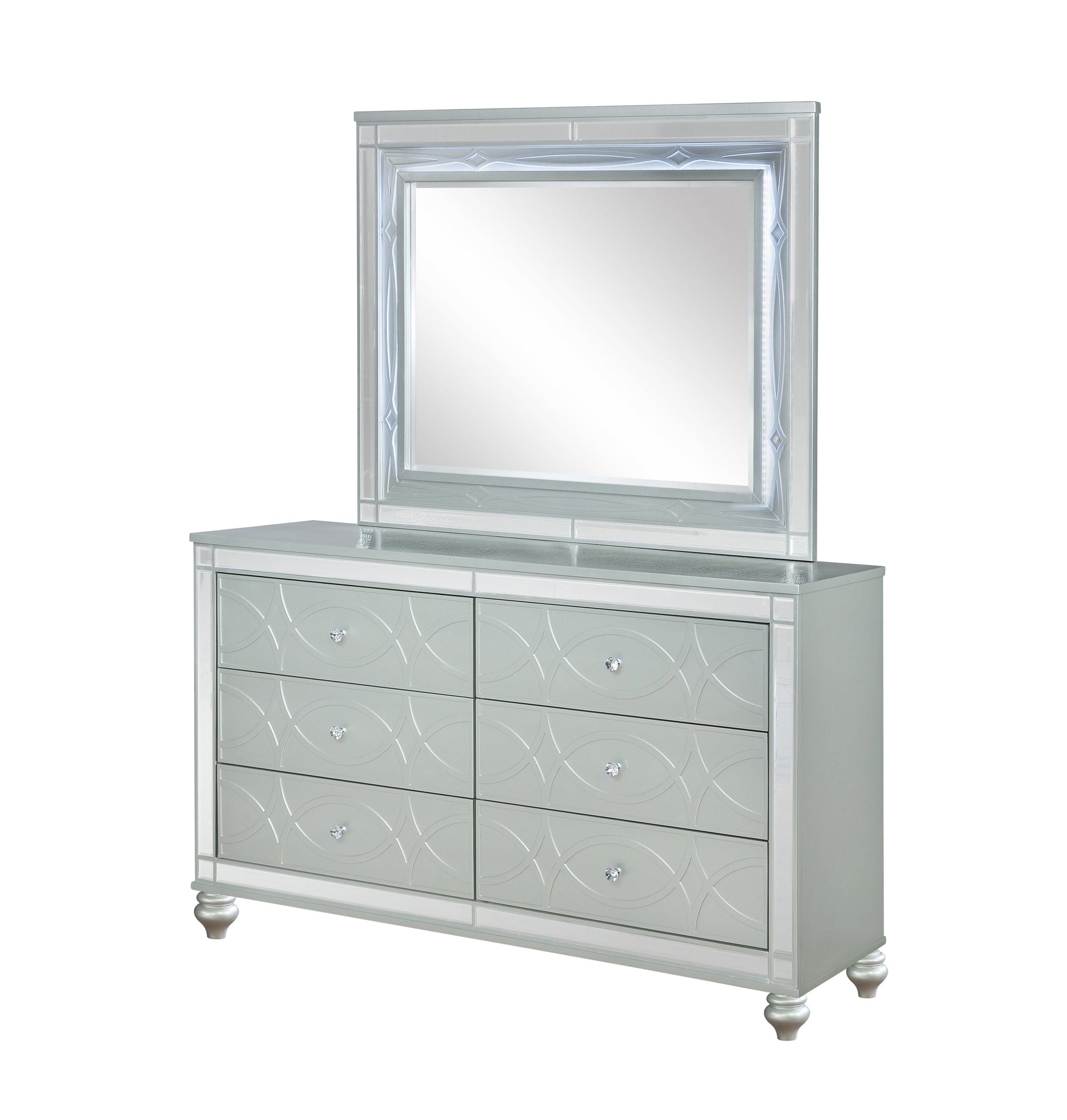 Gunnison 6-Drawer Dresser Silver Metallic, Give Your Home A Modern Glam Update To Classic Design With This Transitional Six-Drawer Dresser. It Features A Giltzy Design That Takes Center Stage In Any Modern Bedroom.  SKU: 223213