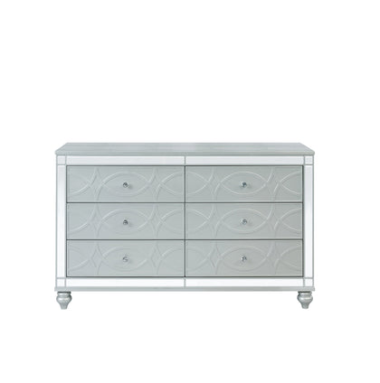 Gunnison 6-Drawer Dresser Silver Metallic, Give Your Home A Modern Glam Update To Classic Design With This Transitional Six-Drawer Dresser. It Features A Giltzy Design That Takes Center Stage In Any Modern Bedroom.  SKU: 223213