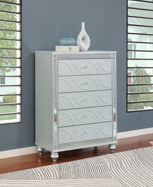 Gunnison 5-Drawer Chest Silver Metallic, Enhance Your Home With A Modern Glam Update To A Classic Design With This Transitional Five-Drawer Chest. Delicate Bun Feet Complete The Design Of This Exquisite Masterpiece.  SKU: 223215 coastmega