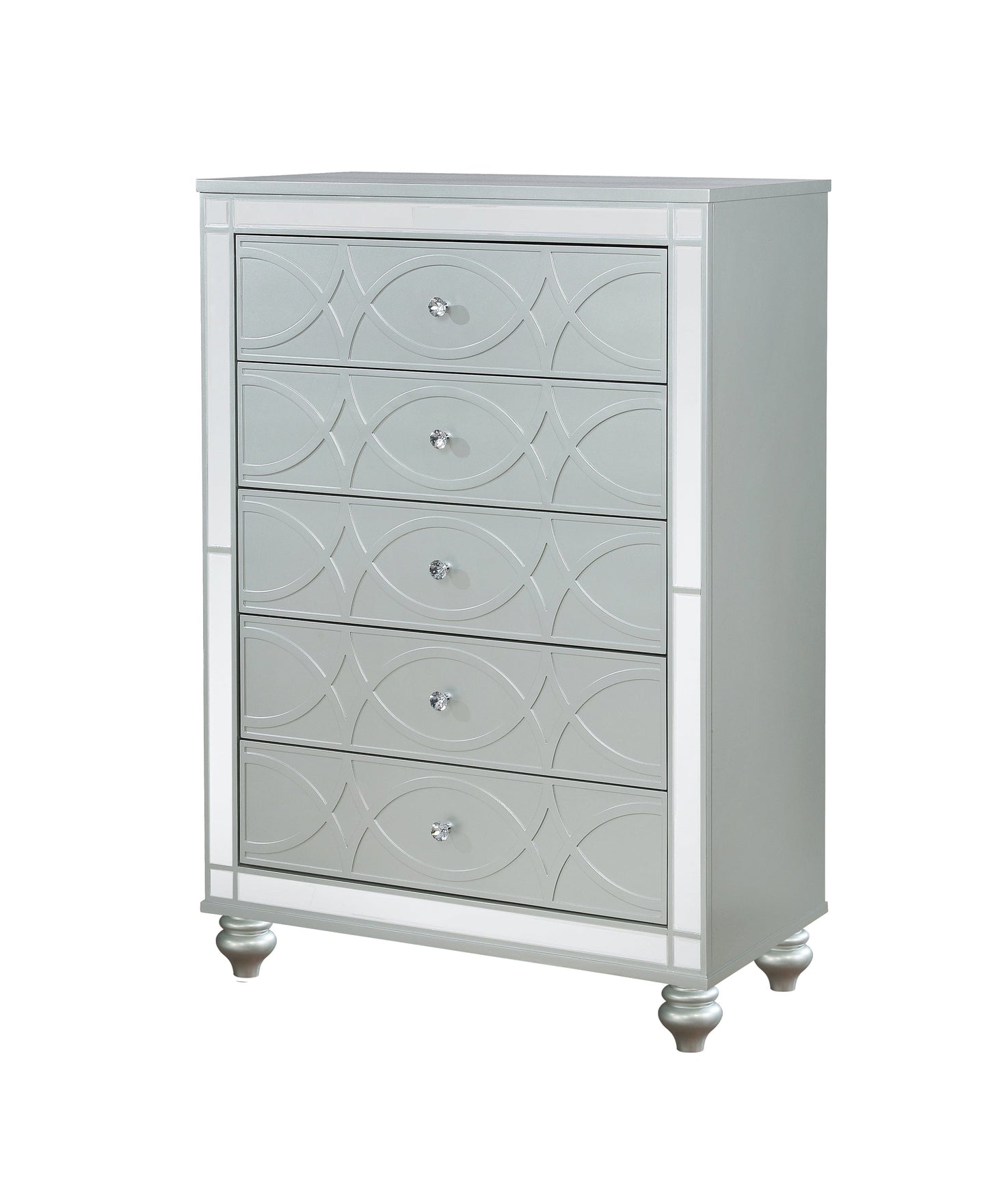 Gunnison 5-Drawer Chest Silver Metallic, Enhance Your Home With A Modern Glam Update To A Classic Design With This Transitional Five-Drawer Chest. Delicate Bun Feet Complete The Design Of This Exquisite Masterpiece.  SKU: 223215 coastmega