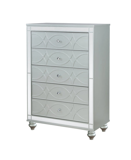 Gunnison 5-Drawer Chest Silver Metallic, Enhance Your Home With A Modern Glam Update To A Classic Design With This Transitional Five-Drawer Chest. Delicate Bun Feet Complete The Design Of This Exquisite Masterpiece.  SKU: 223215 coastmega