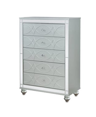 Gunnison 5-Drawer Chest Silver Metallic, Enhance Your Home With A Modern Glam Update To A Classic Design With This Transitional Five-Drawer Chest. Delicate Bun Feet Complete The Design Of This Exquisite Masterpiece.  SKU: 223215