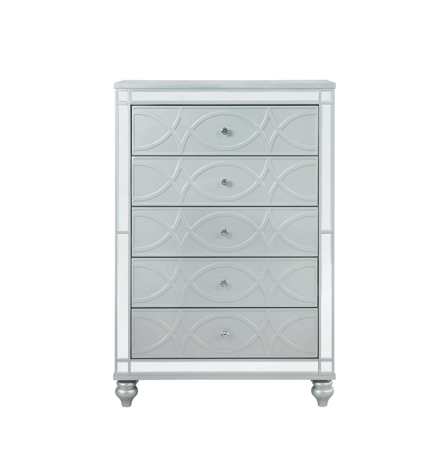 Gunnison 5-Drawer Chest Silver Metallic, Enhance Your Home With A Modern Glam Update To A Classic Design With This Transitional Five-Drawer Chest. Delicate Bun Feet Complete The Design Of This Exquisite Masterpiece.  SKU: 223215 coastmega