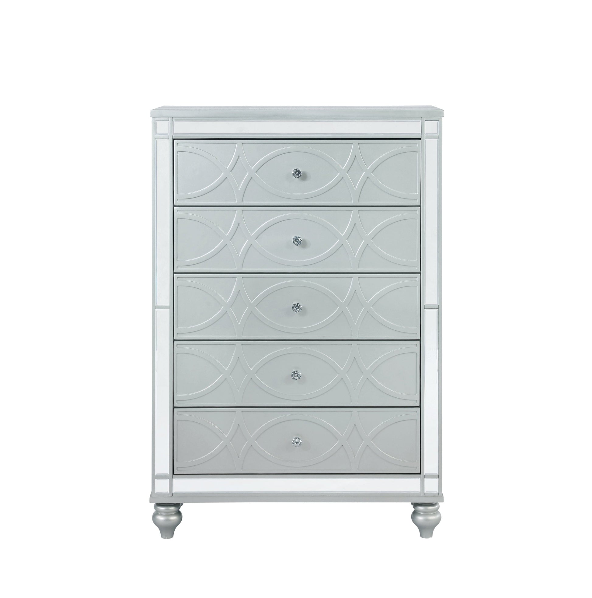 Gunnison 5-Drawer Chest Silver Metallic, Enhance Your Home With A Modern Glam Update To A Classic Design With This Transitional Five-Drawer Chest. Delicate Bun Feet Complete The Design Of This Exquisite Masterpiece.  SKU: 223215 coastmega