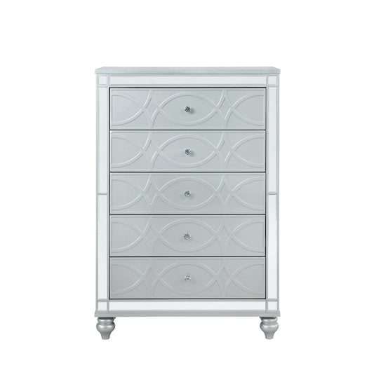 Gunnison 5-Drawer Chest Silver Metallic, Enhance Your Home With A Modern Glam Update To A Classic Design With This Transitional Five-Drawer Chest. Delicate Bun Feet Complete The Design Of This Exquisite Masterpiece.  SKU: 223215 coastmega