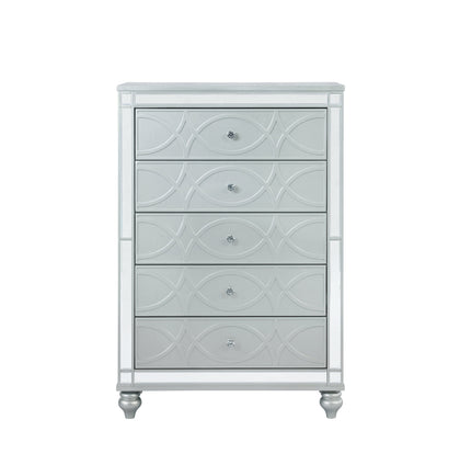 Gunnison 5-Drawer Chest Silver Metallic, Enhance Your Home With A Modern Glam Update To A Classic Design With This Transitional Five-Drawer Chest. Delicate Bun Feet Complete The Design Of This Exquisite Masterpiece.  SKU: 223215