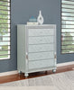 Gunnison 5-Drawer Chest Silver Metallic, Enhance Your Home With A Modern Glam Update To A Classic Design With This Transitional Five-Drawer Chest. Delicate Bun Feet Complete The Design Of This Exquisite Masterpiece.  SKU: 223215