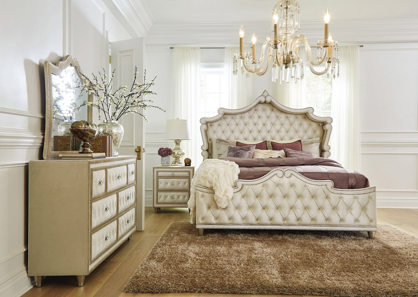 Antonella Upholstered Tufted Bed Ivory And Camel SKU: 223521Q coastmega
