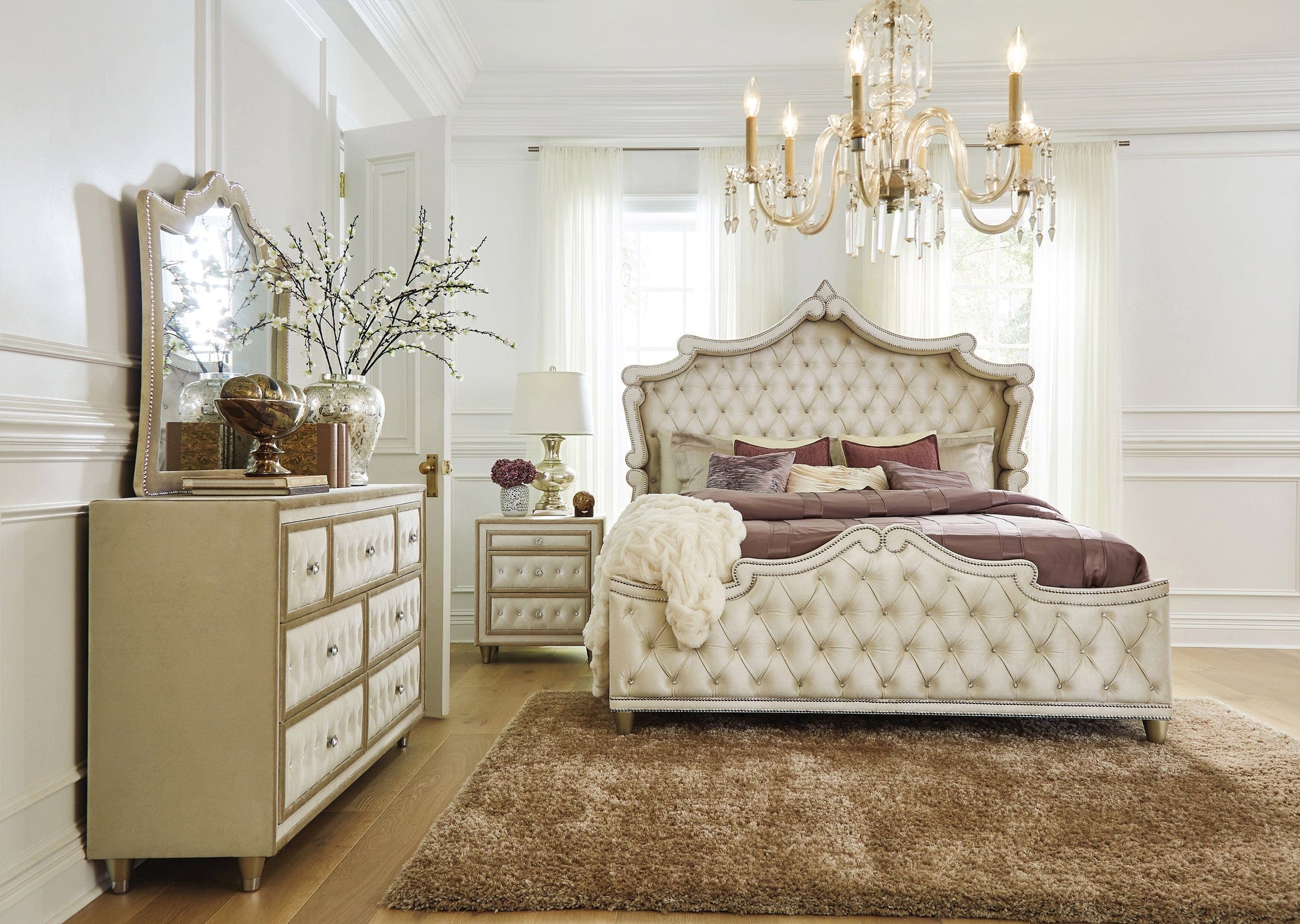 Antonella Upholstered Tufted Bed Ivory And Camel SKU: 223521Q coastmega