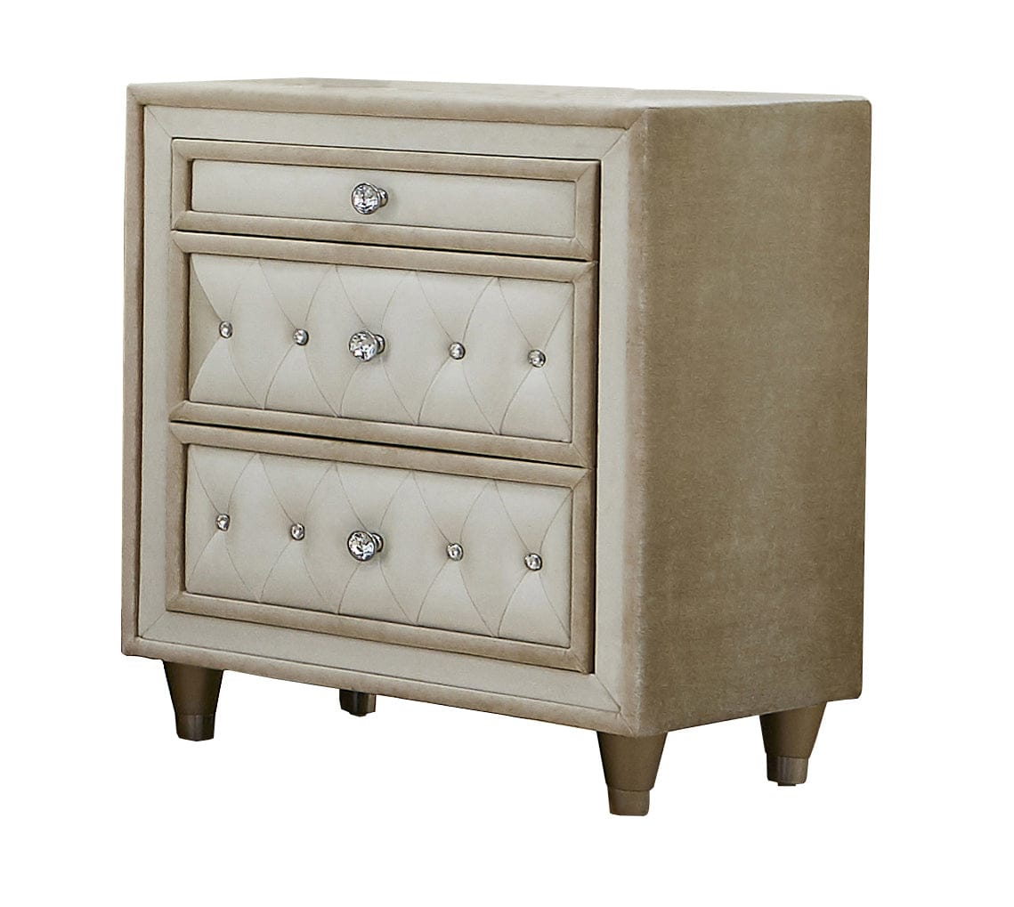 Antonella 3-Drawer Upholstered Nightstand Ivory And Camel SKU: 223522 coastmega