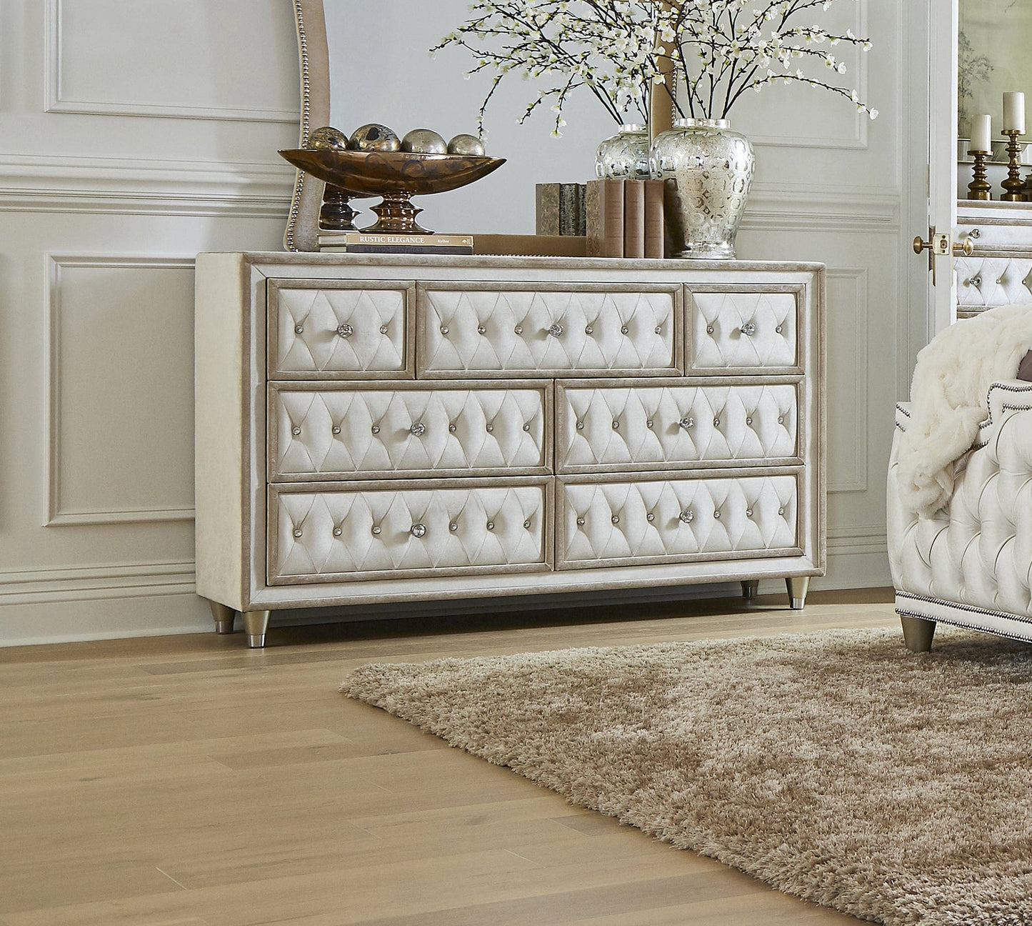 Antonella 7-Drawer Upholstered Dresser Ivory And Camel SKU: 223523 coastmega