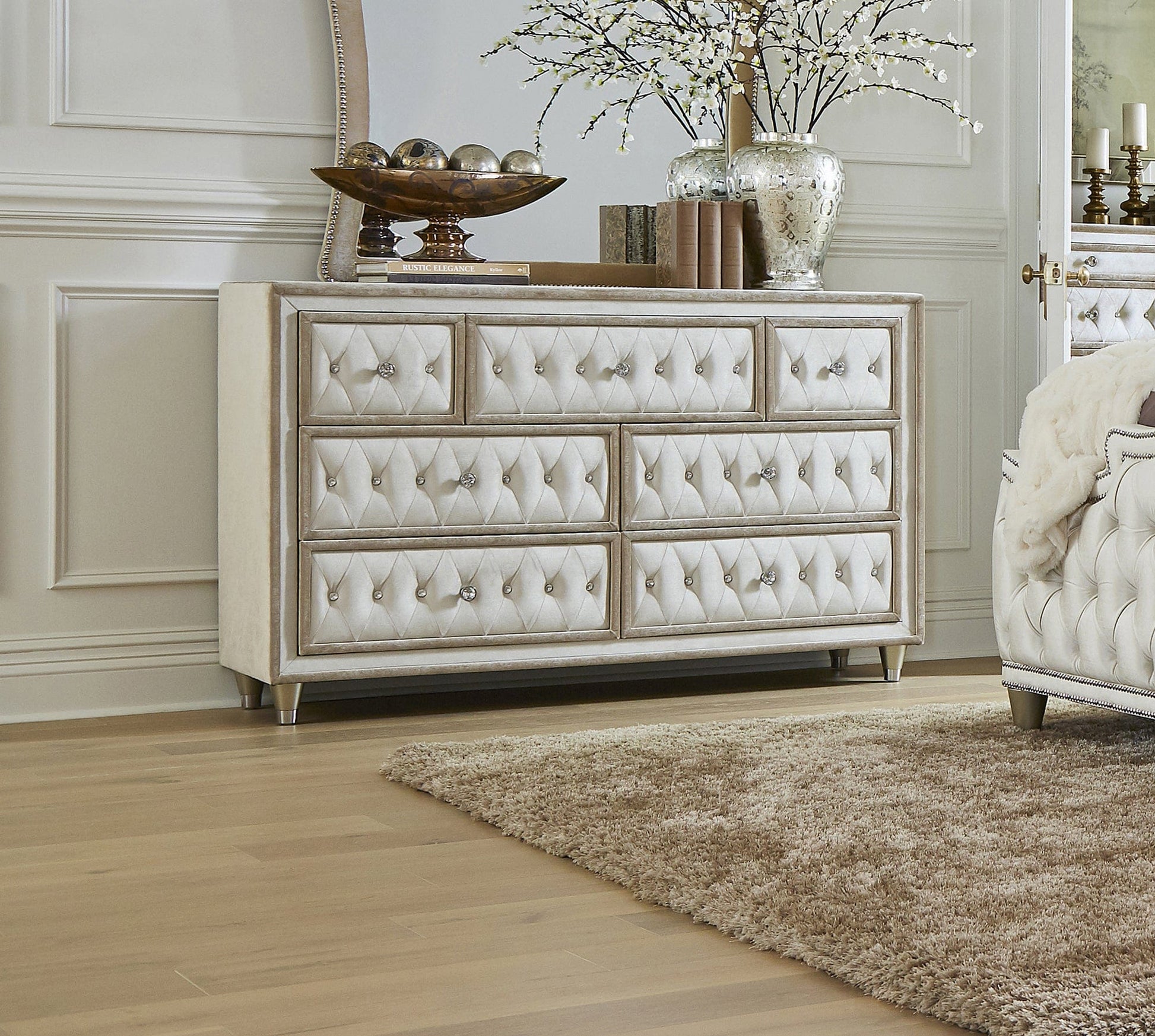 Antonella 7-Drawer Upholstered Dresser Ivory And Camel SKU: 223523 coastmega