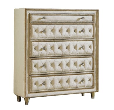 Antonella 5-Drawer Upholstered Chest Ivory And Camel SKU: 223525 coastmega