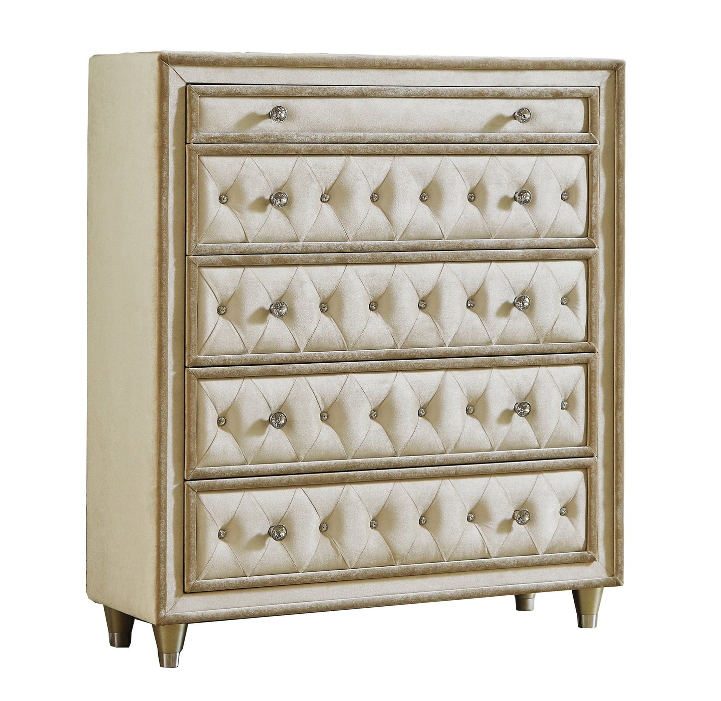 Antonella 5-Drawer Upholstered Chest Ivory And Camel SKU: 223525 coastmega