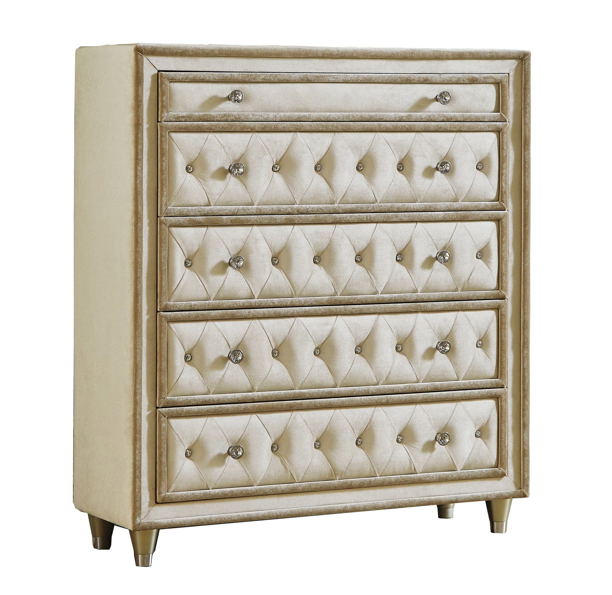 Antonella 5-Drawer Upholstered Chest Ivory And Camel SKU: 223525 coastmega