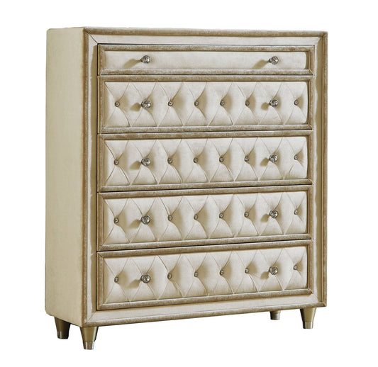 Antonella 5-Drawer Upholstered Chest Ivory And Camel SKU: 223525 coastmega