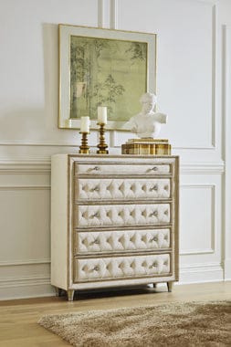 Antonella 5-Drawer Upholstered Chest Ivory And Camel SKU: 223525 coastmega