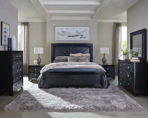 Penelope Eastern King Bed With LED Lighting Black And Midnight Star, The Single Panel Footboard Is Enveloped In A Molded Frame For Stylish Appeal, This Piece Is Supported On Bracket On Bracket Style Feet And Made From Quality Asian Hardwood. SKU: 223571KE coastmega
