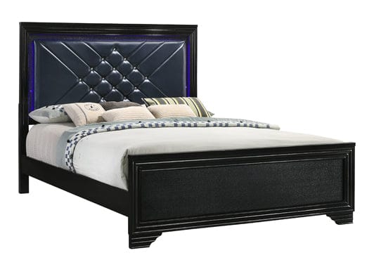 Penelope Eastern King Bed With LED Lighting Black And Midnight Star, The Single Panel Footboard Is Enveloped In A Molded Frame For Stylish Appeal, This Piece Is Supported On Bracket On Bracket Style Feet And Made From Quality Asian Hardwood. SKU: 223571KE