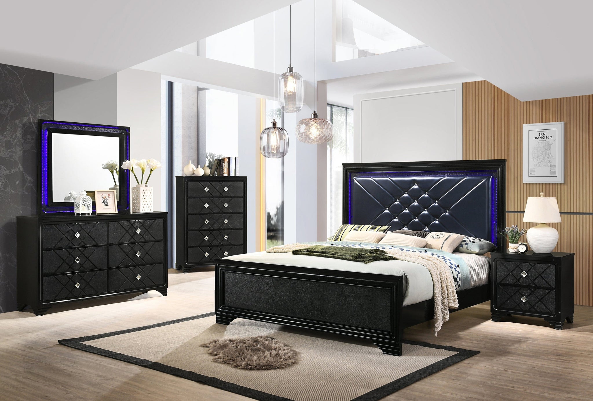 Penelope Queen Bed With LED Lighting Black And Midnight Star, Every Bedroom Instantly Becomes More Alluring With This LED Light-Up Bed, This Piece Is Supported On Bracket Style Feet And Made From Quality Asian Hardwood.  SKU: 223571Q