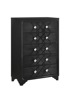 Penelope 5-Drawer Chest Black, Choose This Five-Drawer Chest For It's Exceptional Design And Storage Options, Enjoy The Stylish Diamond Shaped Hardware For An Extra Touch Of Sparkle. SKU: 223575 coastmega