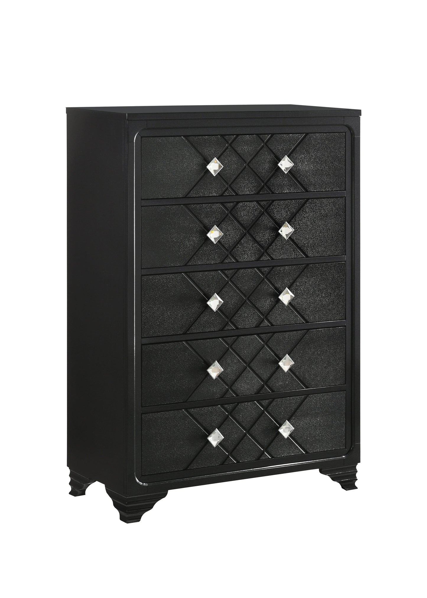 Penelope 5-Drawer Chest Black, Choose This Five-Drawer Chest For It's Exceptional Design And Storage Options, Enjoy The Stylish Diamond Shaped Hardware For An Extra Touch Of Sparkle. SKU: 223575 coastmega