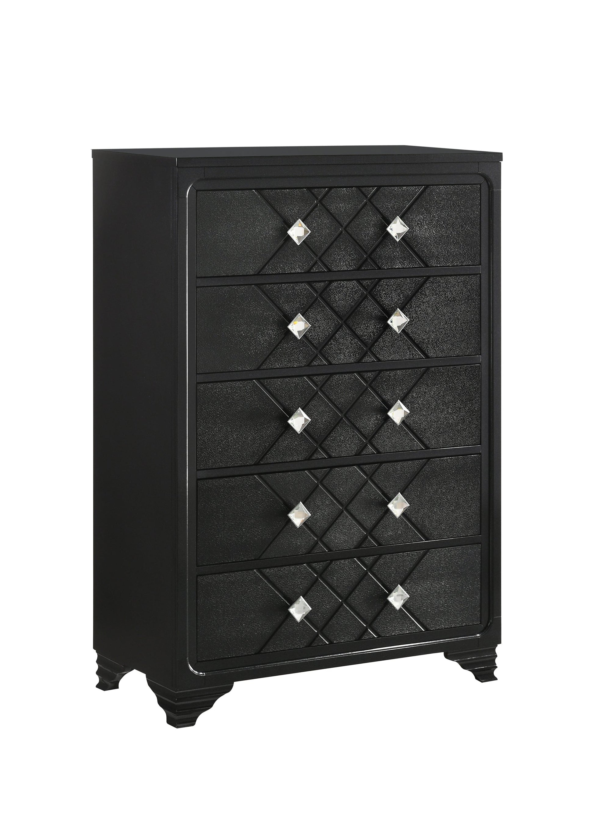 Penelope 5-Drawer Chest Black, Choose This Five-Drawer Chest For It's Exceptional Design And Storage Options, Enjoy The Stylish Diamond Shaped Hardware For An Extra Touch Of Sparkle. SKU: 223575 coastmega