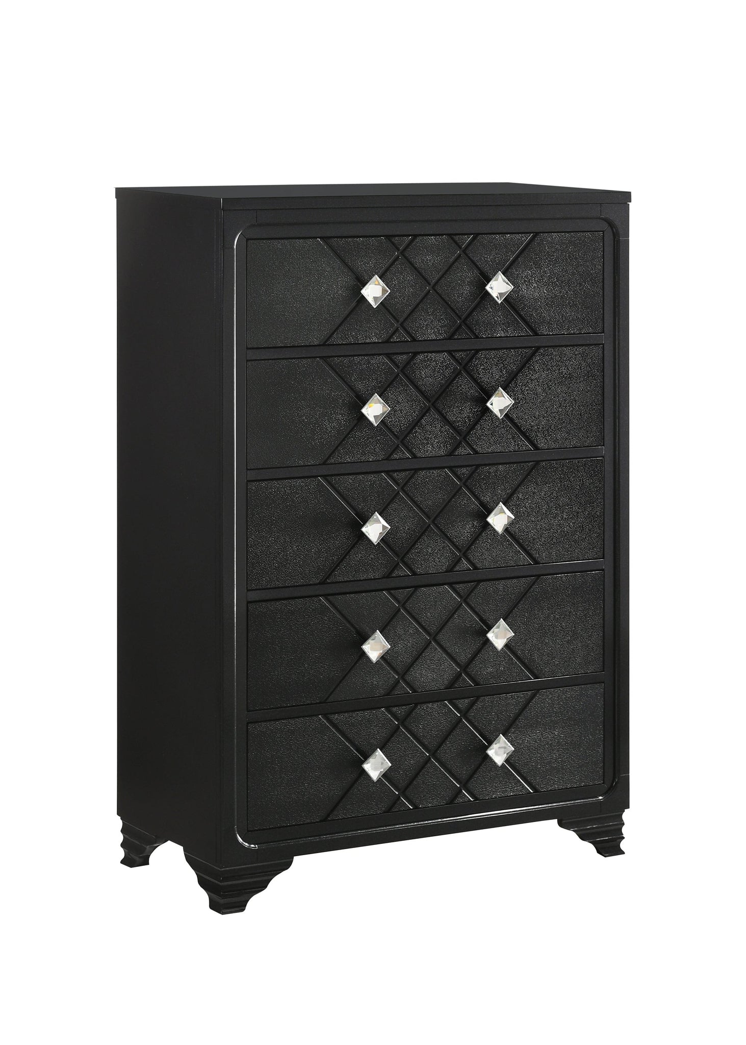 Penelope 5-Drawer Chest Black, Choose This Five-Drawer Chest For It's Exceptional Design And Storage Options, Enjoy The Stylish Diamond Shaped Hardware For An Extra Touch Of Sparkle. SKU: 223575