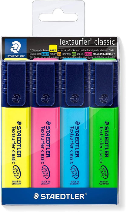 Staedtler Textsurfer Classic 364 Highlighters - Assorted Colours (Pack of 4) are great for work or school as it helps you to emphasize important information - 364-WP4 Pie's Variety Store