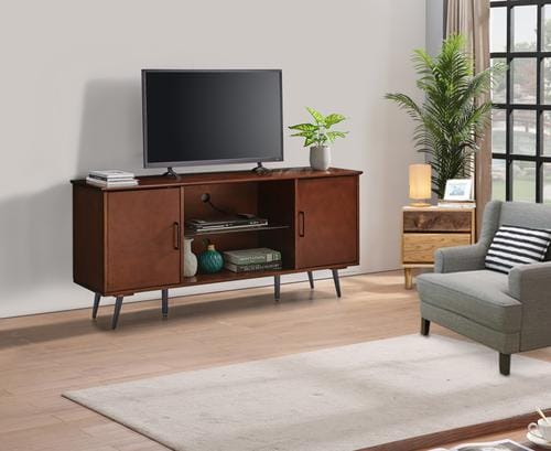 TV Stand with Doors  Wooden TV stand in classic mid-century style. Has doors on each side for storage. cable management slots, central glass shelf, 2 side cabinets with adjustable shelves, adjustable central legs-428209