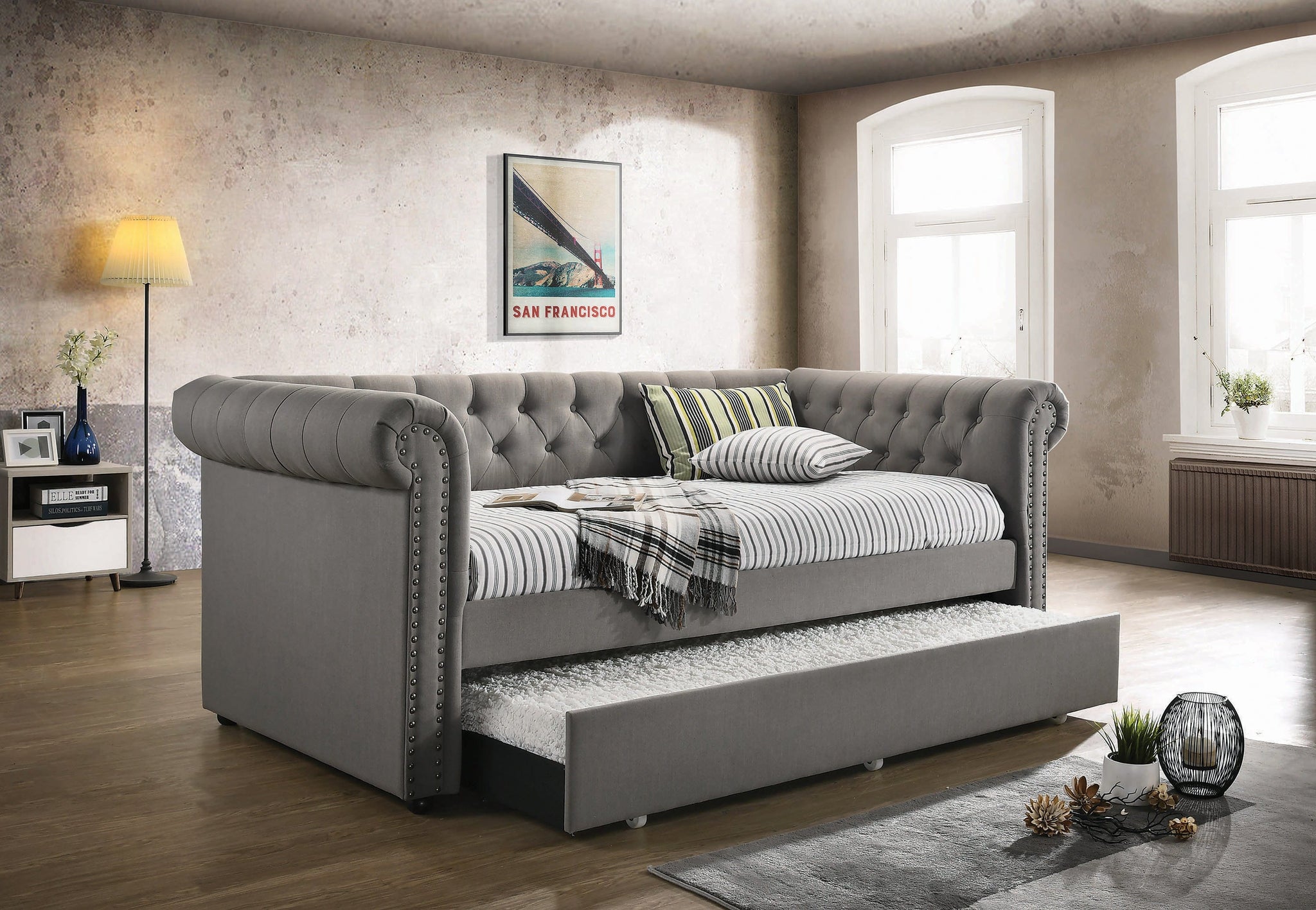 Kepner Tufted Upholstered Daybed Grey With Trundle - 300549