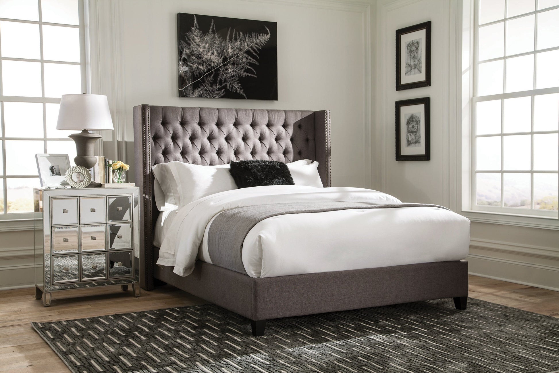 Bancroft Demi-Wing Upholstered Eastern King Bed Grey - 301405KE A-Z Store Nadia