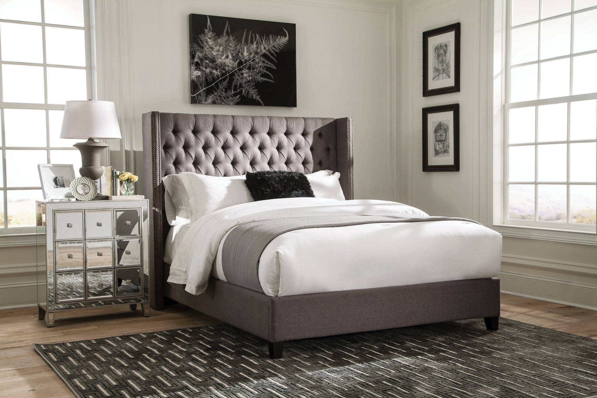 Bancroft Demi-Wing Upholstered Eastern King Bed Grey - 301405KE