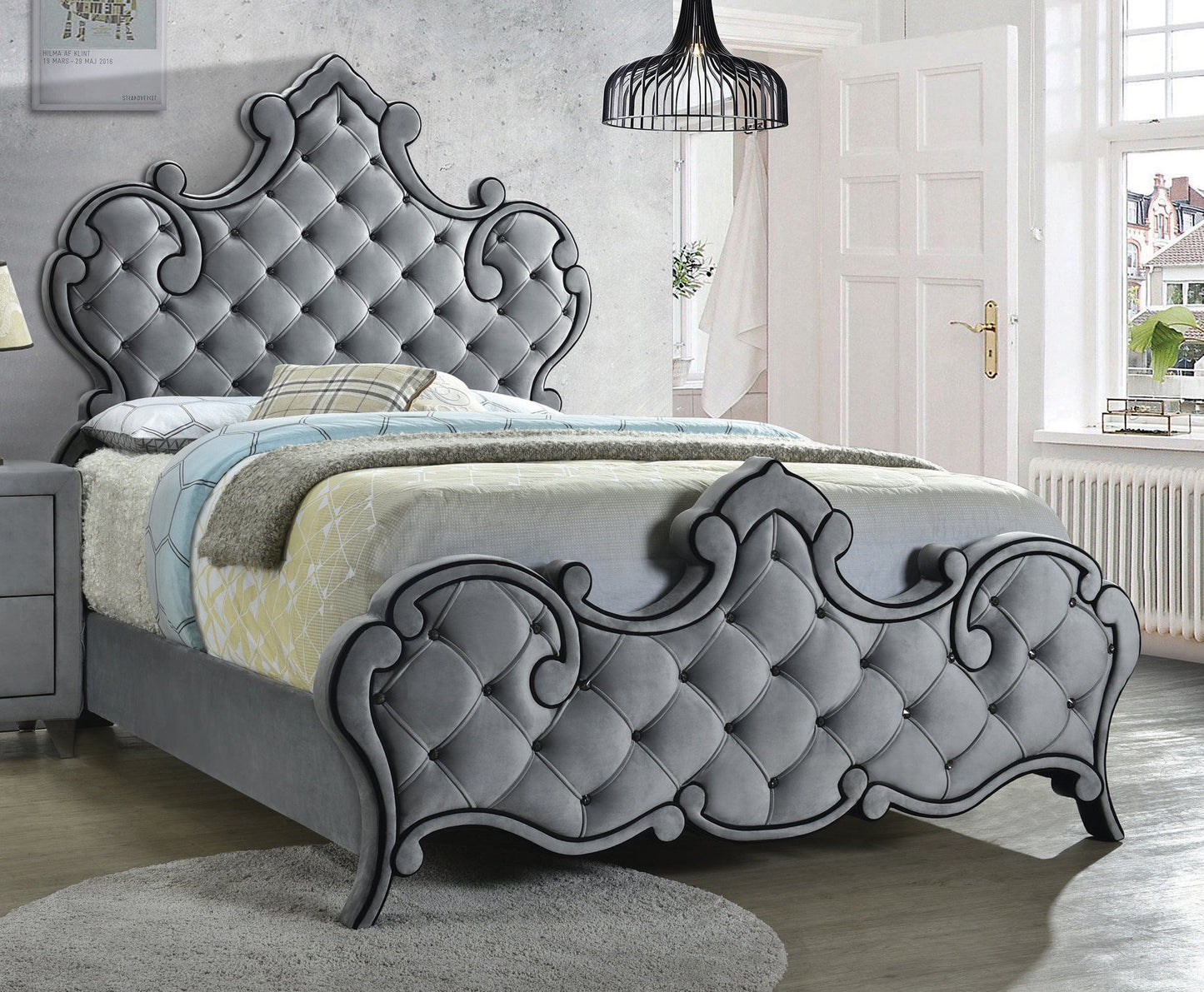 Sandboard Eastern King Rhinestone Button Tufted Bed Grey - 302351KE A-Z Store Nadia