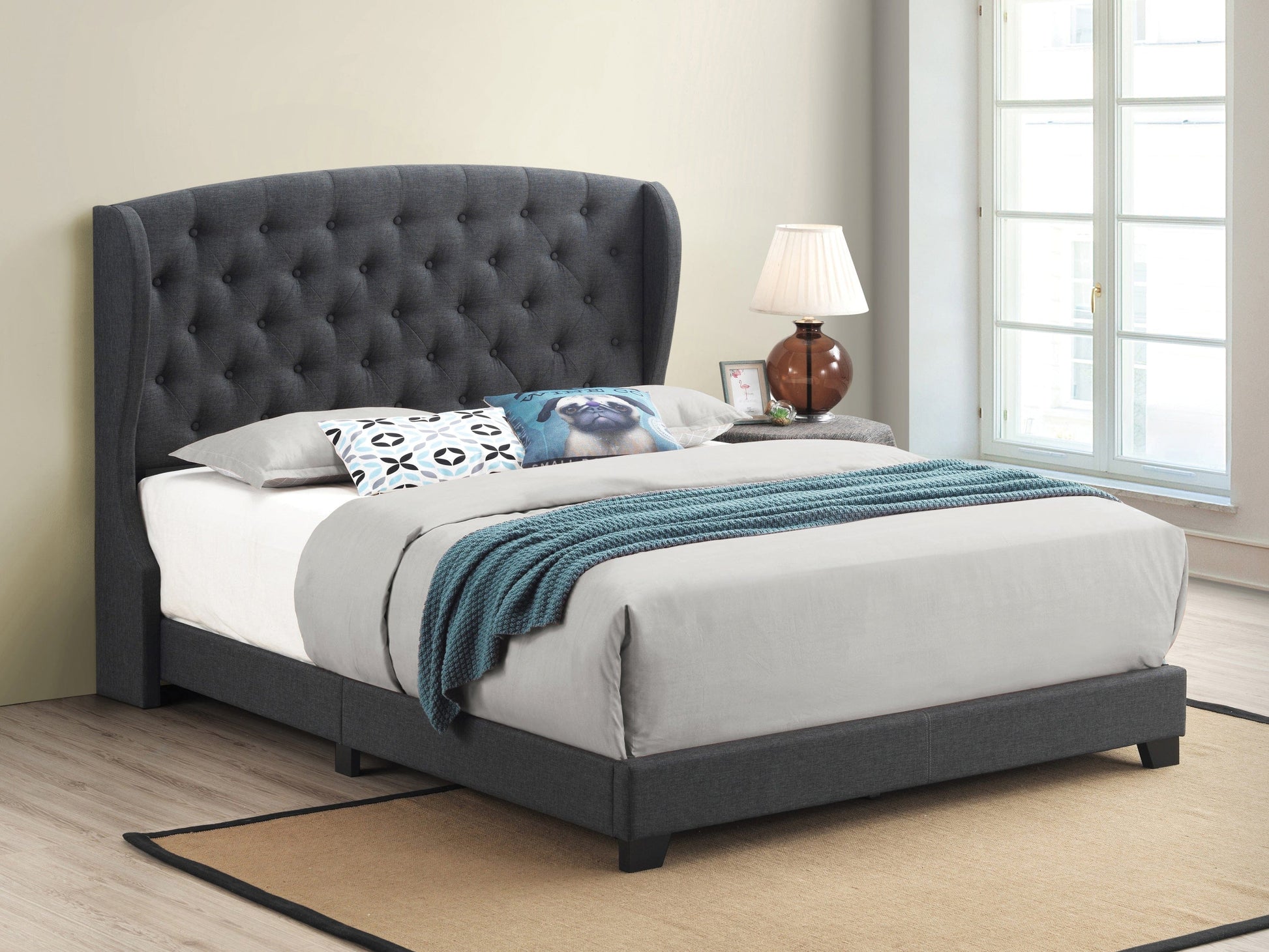 Krome Eastern King Upholstered Bed With Demi-Wing Headboard Charcoal - 305973KE A-Z Store Nadia